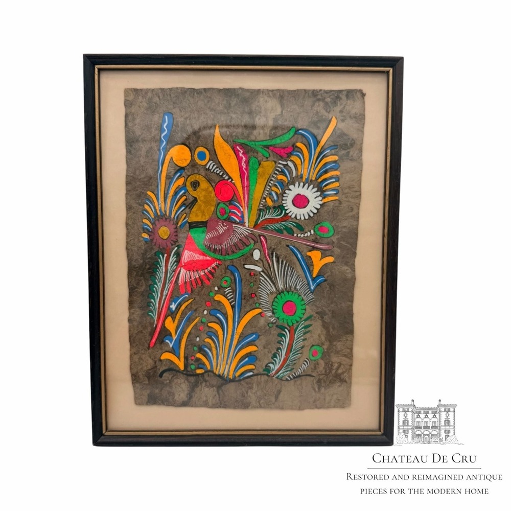 Vintage Mexican Amate Bark Painting Bird and Flowers Framed Folk Art